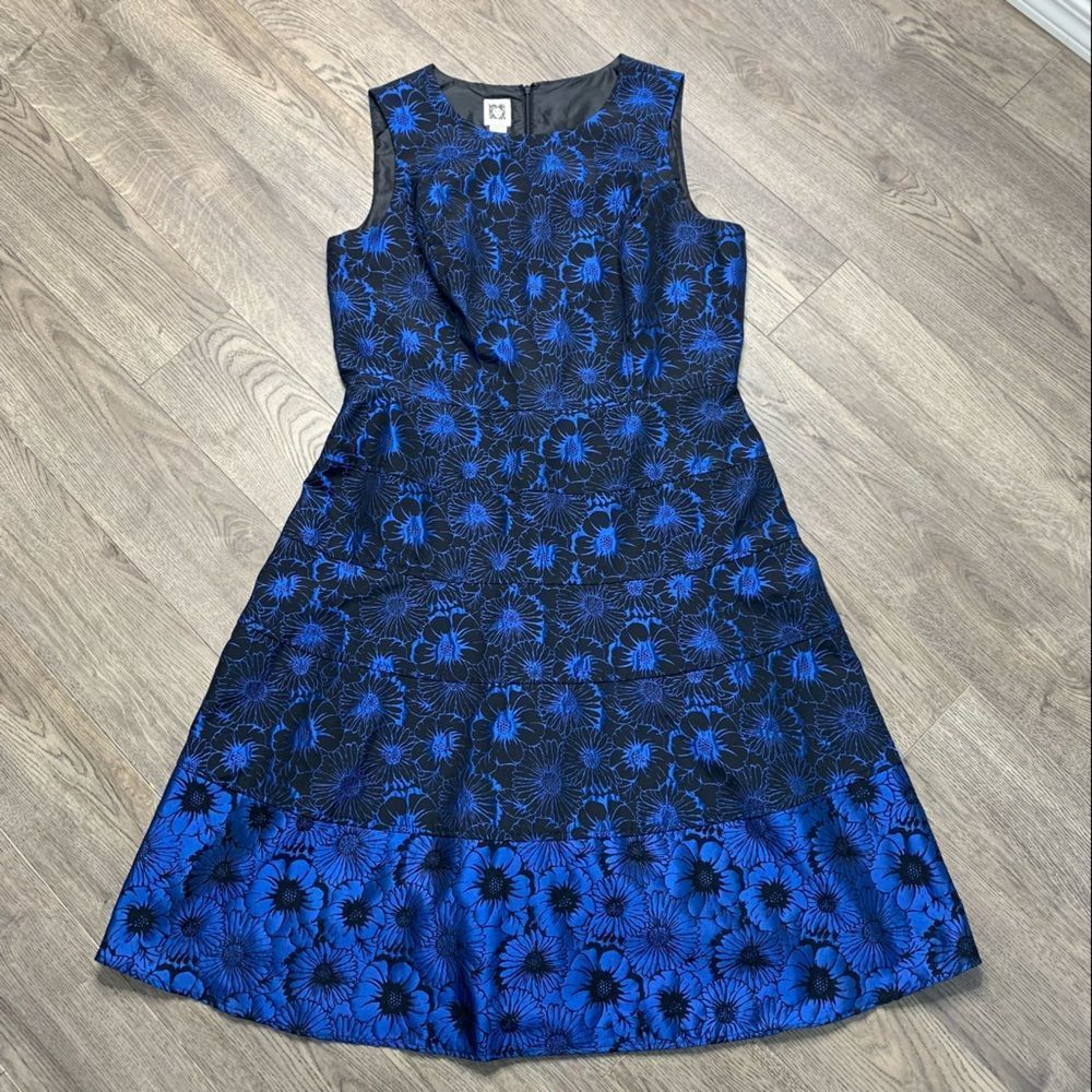 Anne Klein Womens Floral A-Line Fit Flare Dress Size 12 Blue Black Retro